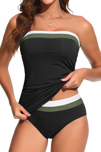 Black Color Block Bandeau Tankini Swimsuits for Women - Two Piece Ruched Tummy Control Bathing Suit Strapless Swimwear with Bottom L