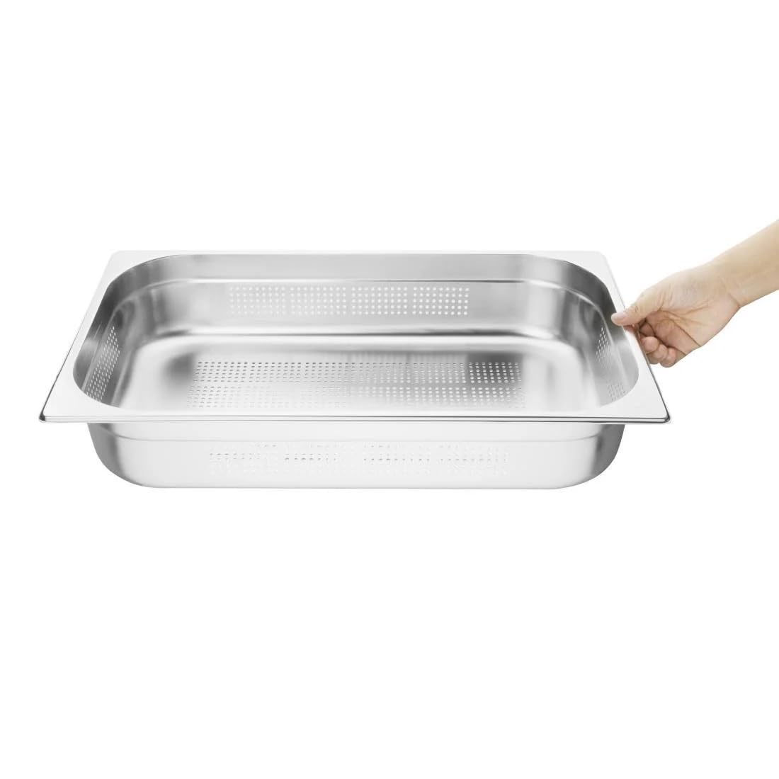 Vogue Perforierter Gastronorm-Behälter 1/1 aus Edelstahl 13,5L, Tiefe: 100mm, perforiert, ideal zum Abtropfen von Lebensmitteln - Für Kühlschrank & Ofen geeignet - Deckel separat erhältlich, K841