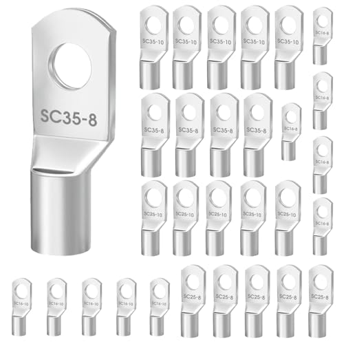 30 Pièces 16mm² M8 Cosses Tubulaires 25mm² 35mm² M10, Cosses de Câble, M8 M10 Bornes Tube Non Isolé, Câble Électriques Ronde à Œillet en Cuivre Étamé pour...