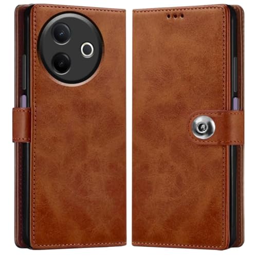 Image of Genuine Leather Inside Back TPU Wallet Button | Magnetic Stand Dual Layer Flip Cover for Compatible Model with Vivo V2443 / Vivo Y39 5G - Brown