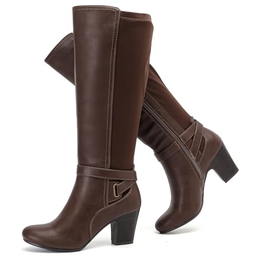 Ruiee Knee High Boots for Women Casual Chunky Block Heeled Comfortable Round Toe Fall Winter Tall Boots Fashion Dressy Womens Boots. 250312 Brown PU Size8