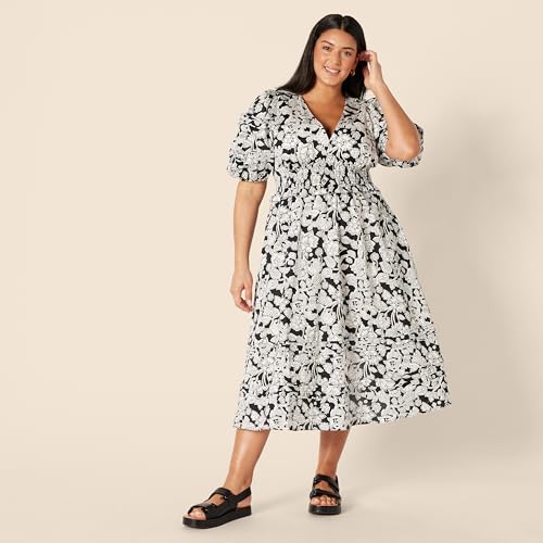Image of Amazon Essentials Women's Regular-Fit Cotton Sateen Puff Sleeve Midi Dress, V-Neck