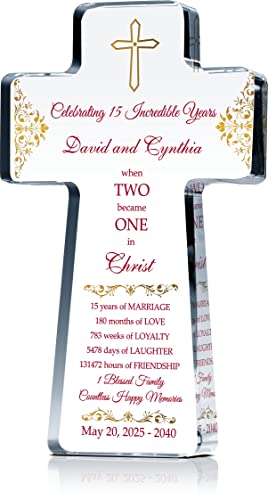Personalized Christian Crystal Gift for 15 Year Wedding Anniversary, Crystal Standing Cross Customized with Couple names and Religious Anniversary Wishes in Traditional 15th Anniversary Color (S - 8