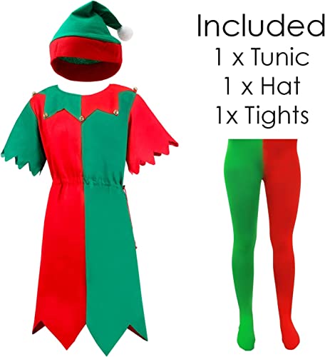 MENS & WOMENS CHEEKY ELF FANCY DRESS COSTUME. CHRISTMAS ELF COSTUME FOR MEN & WOMEN IN RED & GREEN WITH JINGLE BELLS - Image 2