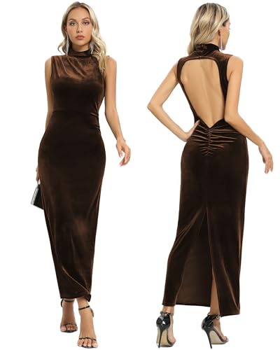 Capuffy Women Backless Velvet Maxi Dress Back Slit Ruched Bodycon Formal Dress High Neck Cocktail Party Dress 091