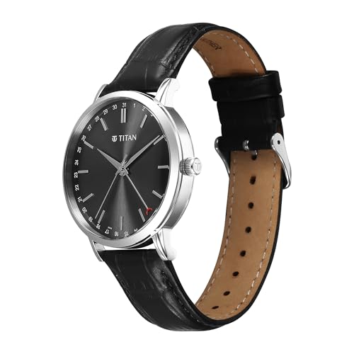Image of Titan Elegance Analog with Date by Hand and Dark Grey Dial Black Leather Strap Watch for Men - 90202SL02