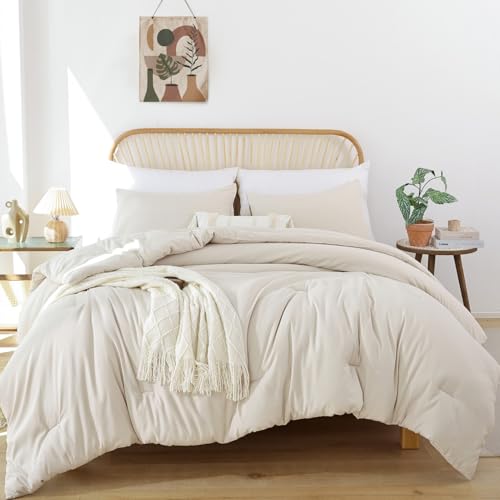 Image of ROSGONIA Oversized King Comforter 128x120, 3pcs Super King Plus (1 Beige Comforter & 2 Pillowcases) Lightweight Oversized Bedding Set Blanket