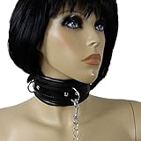 SEE X Halsband mit Leine, SM Sklavenhalsband f. BDSM Bondage Rollenspiel, Halsfessel 3 D Ringe, gepolstert, schwarz   Erotik Halsbänder f. Damen und Herren Mod Nr 10403