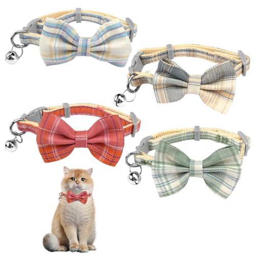4 Stück Katzen Halsband Fliege Katzenhalsband mit Glocke ，Cat Collar Katze Halsbänder, Einstellbare Größe 22-29cm mit Sicherheitsverschluss,...