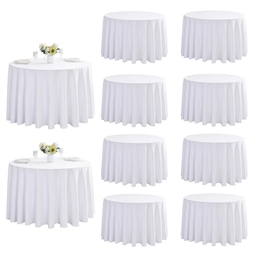 Image of 10-Pack Round 90-inch White Table Cloths, Solid Stain and Wrinkle Resistant Circular Tablecloth, Premium Plain Weave Polyester Fabric Table Linen Covers for Hotel, Banquet