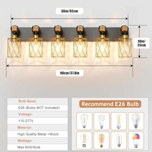 Image of IZORRO Farmhouse Bathroom Vanity Light, 6-Light Wood Bathroom Light Fixtures Over Mirror, Black and Gold Industrial Vanity Lights with Metal Shade, Rustic Restroom Lighting Fixtures