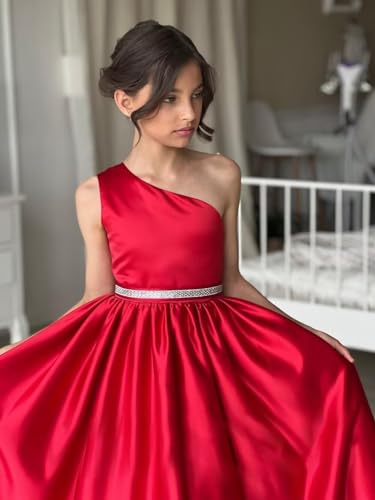 yinyyinhs One Shoulder Satin Flower Girl Dresses for Wedding Beaded Princess Pageant Dresses Kids Prom Ball Gowns4