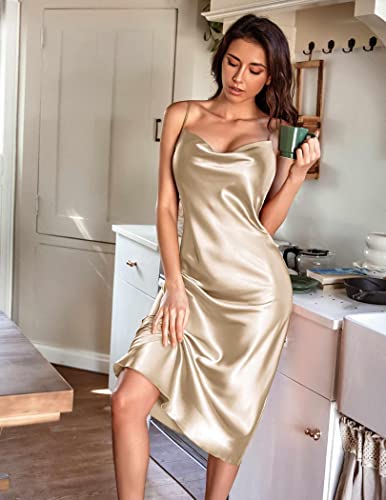 Ekouaer Women Lingerie Plus Size Satin Lace Chemise Nightgown Sexy Full Slips Sleepwear Champagne #TOP2