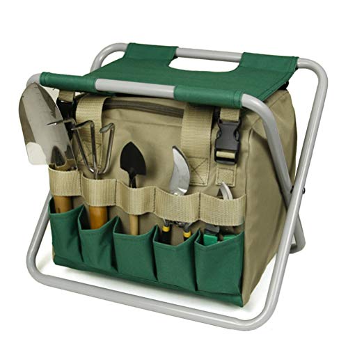 Preisvergleich Produktbild Asamio Klappbarer Gartenhocker mit Aufbewahrungstasche für Gartenwerkzeuge, Gartenhocker, Sitz mit mehreren Taschen, Gartenwerkzeug-Organizer