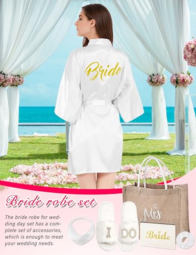 6 Pcs Bride Robe for Wedding Day Set Satin Bride Robe and Slippers Set for Bachelorette Party Bridal Shower Gifts2