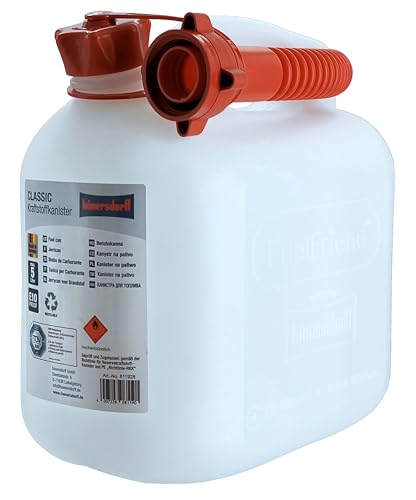 hünersdorff Benzinkanister 5 Liter – volltransparent – UN-/RKK-zugelassen – verstärkte Classic-Version – PREMIUM-Auslaufrohr serienmäßig – BAM-geprüfte Classic-Verschraubung