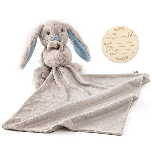 Image of Loveys for Babies Security Blanket for Boys Girls Newborn Infant Essentials - Large Stuffed Super Soft Bunny Animal Snuggle Plush Toddler Soothing Toy with Milestone Card Gift (Blue/Brown)