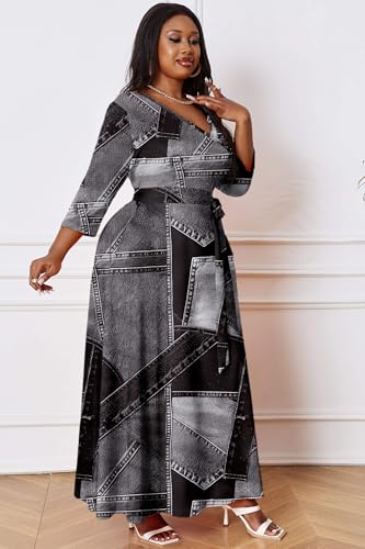Image of Runwind Plus Size Dress for Women - 3 /4 Sleeve V Neck Maxi Dresses for Women (XL-6XL)