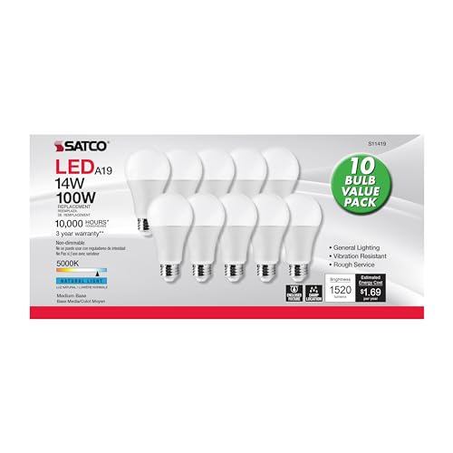 Image of Satco S11419, A19 LED Bulbs, 100W Replacement, 5000K, 10-Pack, 1600 Lumens | 1,600 lumens each, 14W energy use, Enclosed fixture approved, Damp location rated, Commercial or residential use