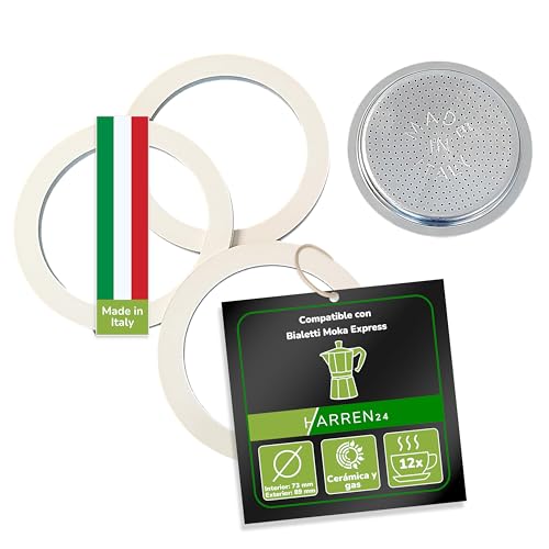 Harren24 filtro y 3x junta para cafetera espresso, compatible con cafetera espresso Bialetti para 12 tazas, Ø exterior 89 mm, 8,9 cm, Ø interior 82 mm, 8,2 cm, junta de recambio
