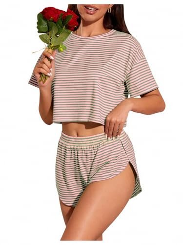 Image of OYOANGLE Womens Pajama Sets 2 Piece Sexy Lounge Sets Summer Cute Pjs Striped Print Tee and Side Split Shorts Set