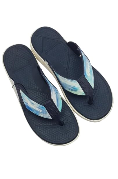 Flip Flops, Navy Blue, Textured Footbed, Striped Straps, Casual Beach Wear-image-4