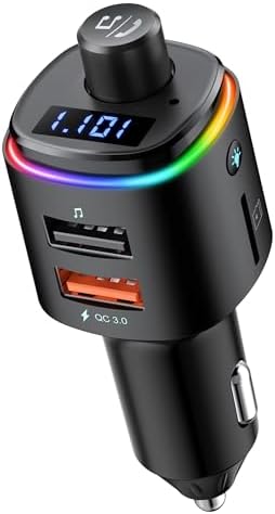 Nulaxy Bluetooth FM Transmitter, QC3.0 Fast Charge Bluetooth Car Adapter, Wireless Radio Car Kit with 7 Color LED Backlit, USB Flash Drive, microSD Card, Glossy Black