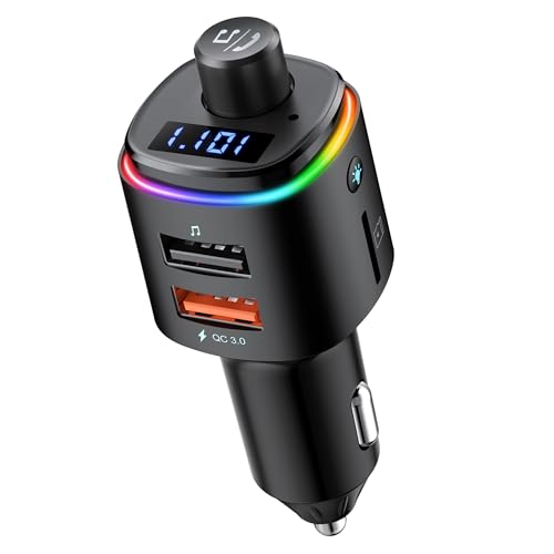 Nulaxy Bluetooth FM Transmitter, QC3.0 Fast Charge Bluetooth Car Adapter, Wireless Radio Car Kit with 7 Color LED Backlit, USB Flash Drive, microSD Card, Glossy Black