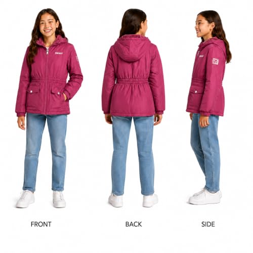 Image of DKNY Girls Midweight Jacket - Cozy Sherpa Fur Lined Water Resistant Hooded Anorak Windbreaker Zip Up Jacket for Girls