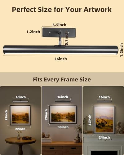 Image of EZVALO Picture Lights for Wall, 16in Rechargeable 6000mAh Battery Operated Painting Lights with Remote, Wireless Wall Light for Gallery, Living Room, Hallway (Black)