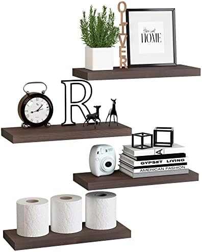 DOLLFIO Floating Shelves, 4 Sets Wall Shelves, Wooden Floating Shelves for Wall Décor, Wall Mounted Floating Shelf Bathroom Storage, Floating Book Shelves for Wall, Bedroom, Living Room–Rustic Brown