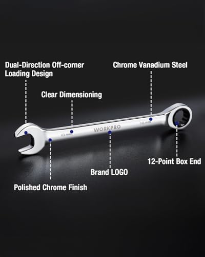 Image of WORKPRO 10 mm Ratcheting Combination Wrench, Mirror Polish Chrome Plating | Premium CR-V Steel, 72-Teeth, 12 Point Design, Metric, For Home Projects, Motorcycle Repair, Garage Work, Plumbing, Machinery