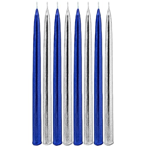 Dripless Blue/Silver Metallic Hanukkah Candles Frosted Premium Tapered Hand Decorated Chanuka Candles #TOP2