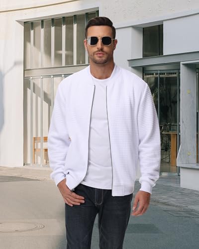 Image of YuKaiChen Mens Lightweight Bomber Jacket Casual Plaid Jacquard Varsity Jacket Coat with Zipper Pockets