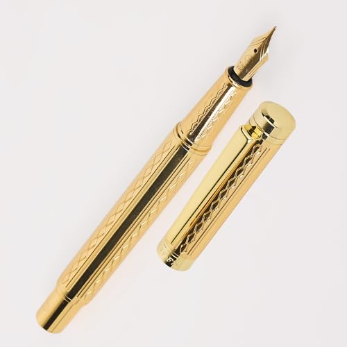 Image of 20818 Glossy Fountain Pen Golden Self Designer Metal Body Golden Crafted Clip with Ink Converter Pen for Student, Executives with High End Gift Box. (FINE NIB)