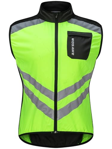 WOSAWE Men's High Visibility Cycling Wind Vest Sleeveless Reflective Bicycle Gilet, Green XL