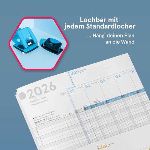 weekview Urlaubs‑ und Projektplaner 2026 | Faltbar A4 (82,5 × 29,5 cm), Personal‑ und Dienstkalender für bis zu 10 Mitarbeiter – Made in Germany