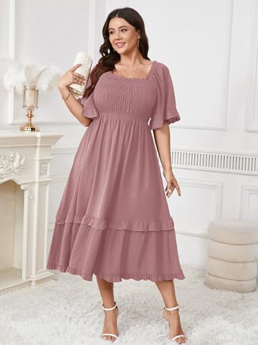 Image of SCOMCHIC Women's Plus Size Maxi Dresses Summer Short Sleeve Square Neck Smocked Wedding Guest Cocktail Boho Long Dress