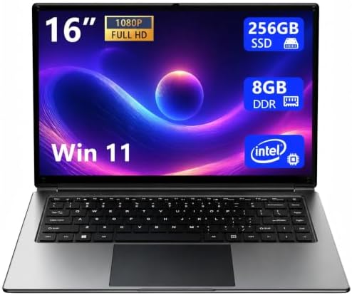 laptop 16-inch , 8GB DDR 256GB SSD portable laptop computer, expandable to 1TB, Pentium quad-core CPU up to 2.64 GHz, 9000mAh battery, interface, USB3.0 interface, dual-band WiFi, webcam, slim laptops