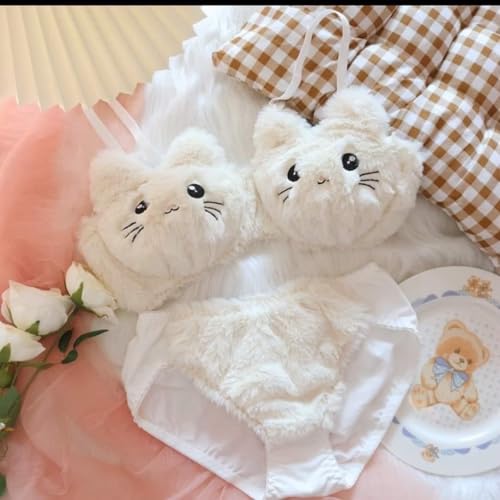 Image of Cute Kawaii Lingerie Set - Plush Kitty Design Adorable Bra and Panty Set in Soft Pink and Cream - Cosplay Lingerie Honeymoon Date Night Couple Gift Sexy Lingerie for Women