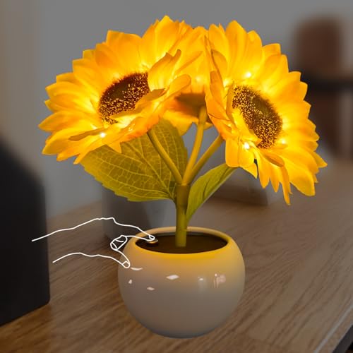 ALEENFOON Lámpara de girasol Lámpara de mesa con florero de cerámica Simulación Flor Luz de humor USB Adornos recargables para el hogar Sala de estar Boda Decoración de computadora