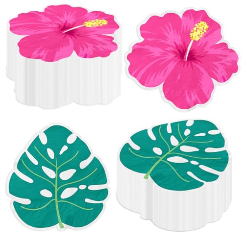 48Pcs Tropical Hibiscus Floral Paper Napkins - Hawaiian Luau Party Decorations Hawaiian Palm Leaf Party Napkins For Summer Pool Beach Luau Birthday Supplies Bathroom Kitchen
