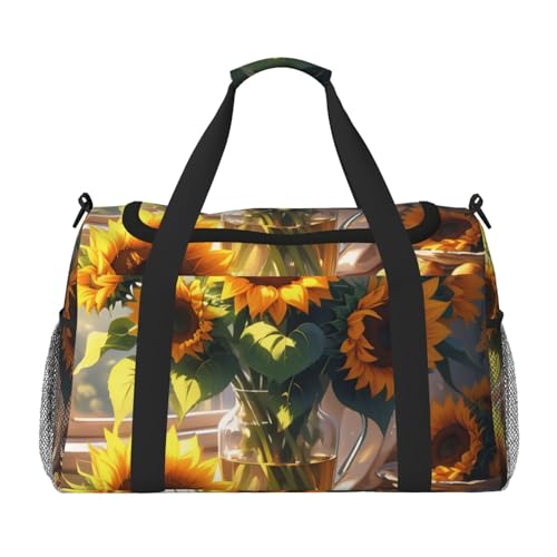 Romantic Sunflowers Print Travel Duffle Bag - Foldable Personal Item Travel Bag for Women & Men,Carry-On Convertible Crossbody Tote Bags with Adjustable Shoulder Strap & Pockets 13x10.2x19.7 in