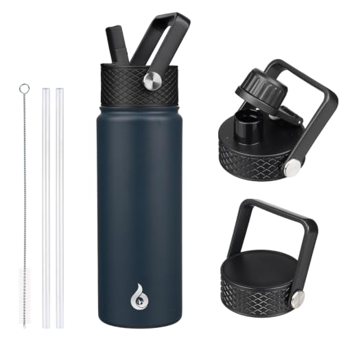Image of BJPKPK Insulated Water Bottles with Straw Lid, 22oz Cold & Hot Thermo, Stainless Steel Metal Water Bottle with 3 Lids, Reusable Thermo, Cups, Mugs for Daily Use-Navy Blue