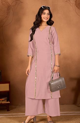 Image of Women Straight-Cut Kurta Pant Set with Subtle Golden Lace Embellishment | Elegant Ethnic Wear for Festive, Office & Casual Use