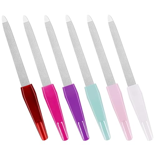 Nail Files for Natural Nails (6 PCs) Metal Nail Files Made of Stainless Steel with Sharp Pointed Tip Non Slip Handle Double Sided Fingernail Files Sapphire Grit for Natural Nails Toenail Color Mix