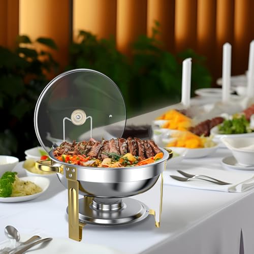 GGIU Chafing Dishes for Buffet Set: 100% Pre-Installed Chafers for Catering - Round Chafing Dish Buffet Set with Lids | Chafers and Buffet Warmers Sets | Serving Food Warmer | Chafers Servers Sets