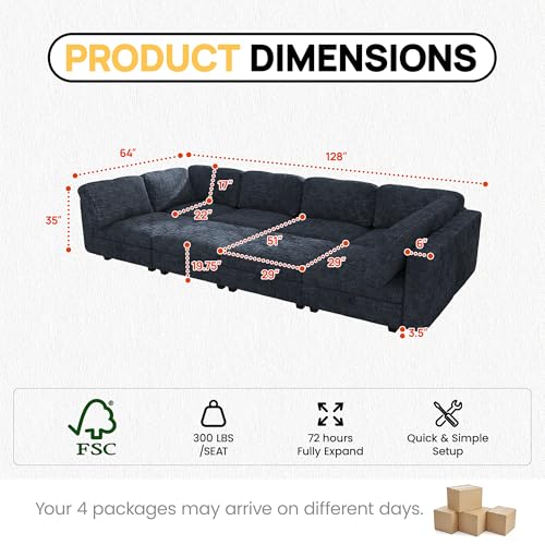 Image of 128 inch Modular Sectional Chenille Sofa bed with Hidden Storage, Comfy Modern 8 Seater Oversized Deep Seat Couch, Modular Sectional with Ottoman and Removable Cover for Living Room, Apartment, Black