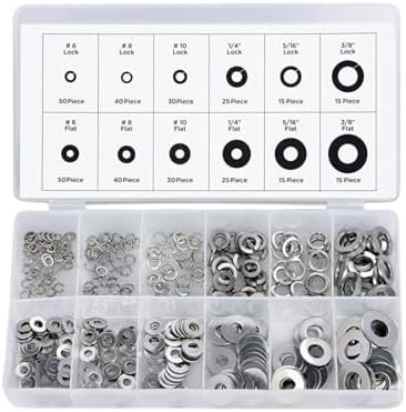 NEIKO 50400A Stainless Steel Lock and Flat Washer Assortment | 350 Piece Set | 12 Different Sizes in Spring Lock and Flat Design | Prevent Loose Fasteners