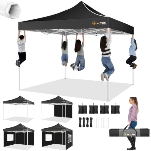Image of HOTEEL 10x10 Pop up Canopy Tent for Parties, Heavy Duty Easy Setup Tent with 4 Sidewalls, Outdoor Commercial Instant Gazebo for Wedding Event, with Portable Bag & Sand Bags, Black(Hexagonal Frame)